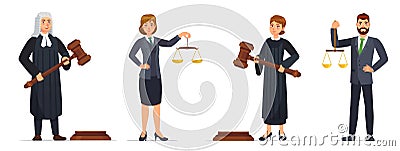 Judges and lawyers. Judge holding hammer and lawyer with scales of justice. Judicial workers, law cartoon vector Vector Illustration