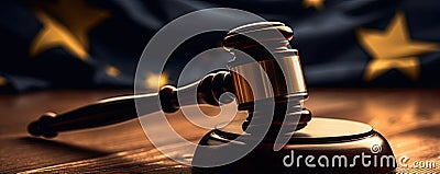 Judges wooden gavel with EU flag in the background. generative ai Stock Photo