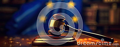 Judges wooden gavel with EU flag in the background. generative ai Stock Photo