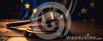 Judges wooden gavel with EU flag in the background. generative ai Stock Photo