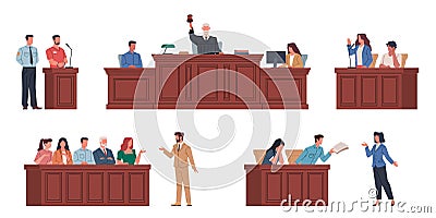 Judicial system people. Wooden tribunes with law representatives, jurors, accused, witness and prosecutor, court session Vector Illustration