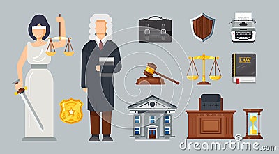 Judicial system. Symbols justice, balance, courthouse, judge, statue of justice. Vector Illustration