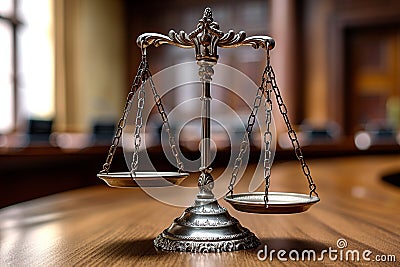 Judiciary concept scales of justice on wooden table in court Stock Photo