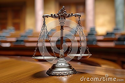 Judiciary concept scales of justice on wooden table in court Stock Photo