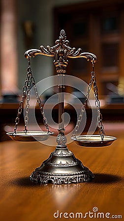 Judiciary concept scales of justice on wooden table in court Stock Photo