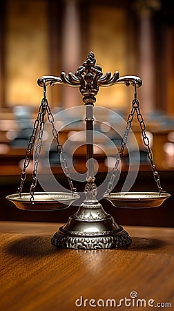 Judiciary concept scales of justice on wooden table in court Stock Photo