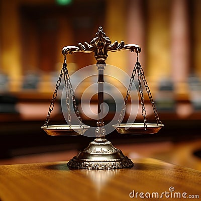Judiciary concept scales of justice on wooden table in court Stock Photo