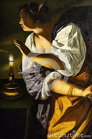 Judith and her Maidservant by Artemisia Gentileschi, Italian Baroque painting, oil on canvas. Detail of the Painting Editorial Stock Photo