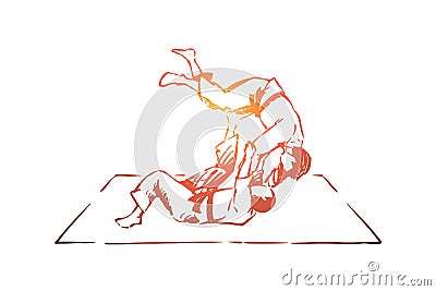 Judo, eastern martial arts, karate sparring, fighting competition, championship match, self defence exercise Vector Illustration