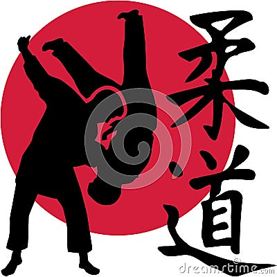 Judo fighters in front of red circle with kanji signs Vector Illustration