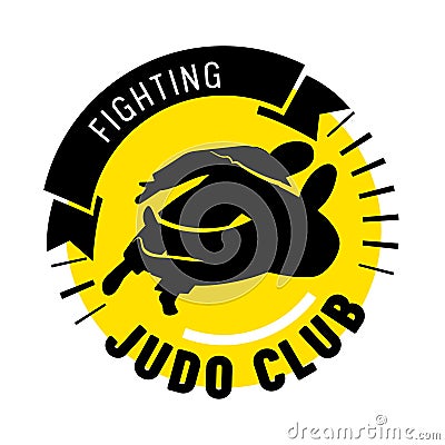 Judo Fighting Club Banner, Martial Arts School Label with Fighters Black Silhouettes and Typography Isolated Emblem Vector Illustration