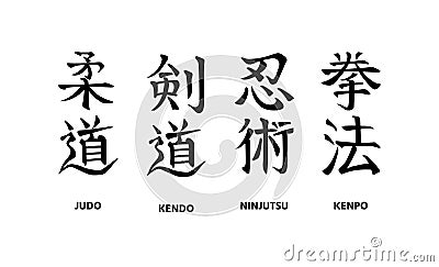 Judo, Kendo, Ninjutsu, Kenpo. Set of hand written names of traditional Japanese martial arts Vector Illustration