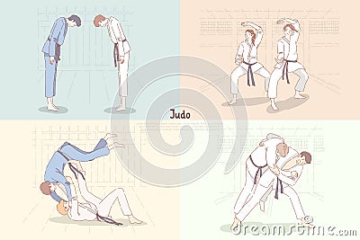 Judo training, young students in kimono bow down, practicing footboard and throw, oriental martial arts banner Vector Illustration