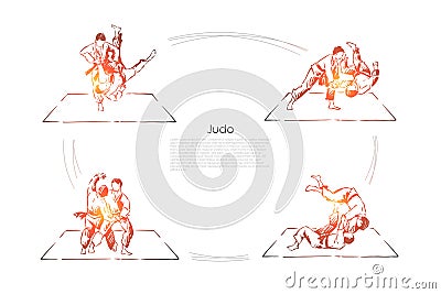 Judo, young athletes in kimono training, sparring practice, combat exercise, self defence class banner Vector Illustration