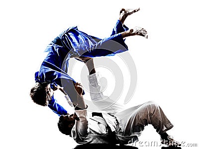 Judokas fighters fighting men silhouettes Stock Photo