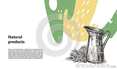 Jug and bouquet of wild flowers. Sketch style illustration. Suitable for the design of natural products. Agricultural Vector Illustration