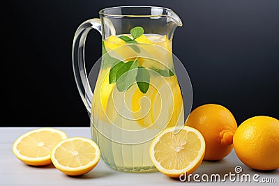 a jug of homemade lemonade with slices of citrus inside Stock Photo