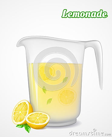 A jug of lemonade and half a lemon with leaf. Vector illustration Vector Illustration