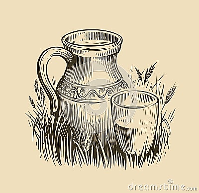 Jug of milk sketch. Dairy products vintage vector illustration Vector Illustration