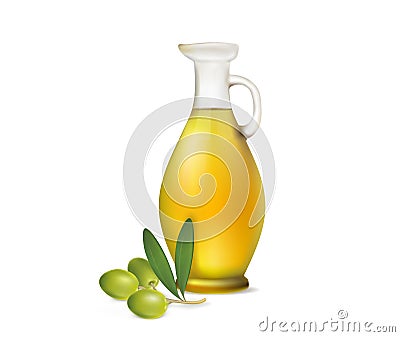 Jug of olive oil and olive branch on a white background Vector Illustration