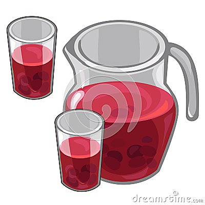Jug with red berry compote and filled glasses Vector Illustration