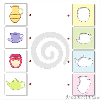 Jug, tea cup, jar and teapot. Educational game for kids Vector Illustration