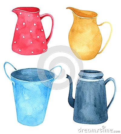 Jug watercolor collection isolated on white background , Hand drawn character for Kids, Greeting Card , Cases design, Stock Photo