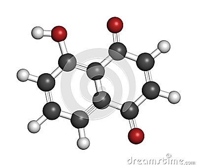 Juglone walnut molecule. 3D rendering. Atoms are represented as spheres with conventional color coding: hydrogen (white), carbon ( Stock Photo
