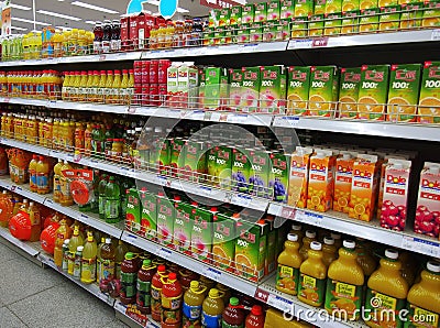 Juice And Beverages In Supermarket Editorial Stock Photo