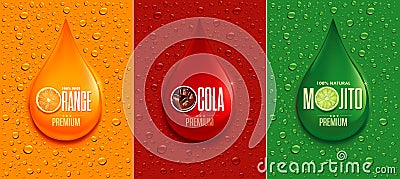 Orange, cola, mojito banner with big drop and lot of fresh drops Vector Illustration