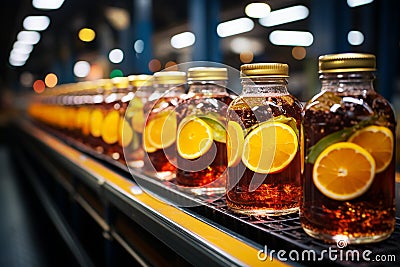 Juice bottles with fruit on a conveyor belt, beverage factory operates a production line, processing and bottling drink Stock Photo