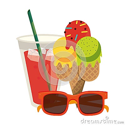 Juice cup with ice cream ans sunglasses cartoon Vector Illustration