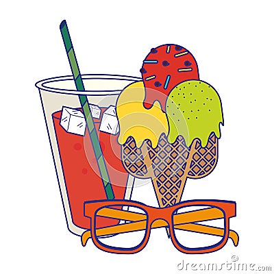 Juice cup with ice cream ans sunglasses cartoon Vector Illustration