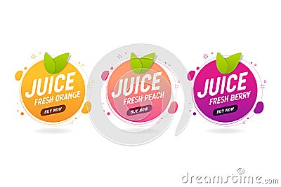 Juice fresh fruit banner. Orange, berry, peach healthy juice design template. Vector Illustration