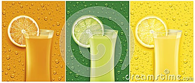 Juice glass with fresh fruit slice and different color backgrounds with many juice drops Vector Illustration