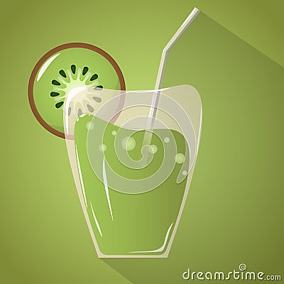 Juice glass kiwi cocktail icon with kiwi slice. Realistic design. long shadow. Vector illustration, Hand draw Vector Illustration