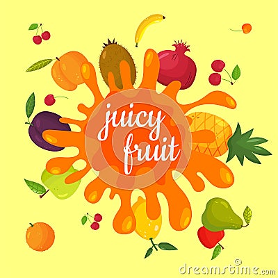 Juice from juicy fruits in the style of a cartoon with an inscription in the center. Healthy diet. Vector Illustration