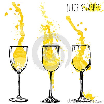 Juice orange and apple splashes in wine glasses, watercolor, sketch vector illustration Vector Illustration