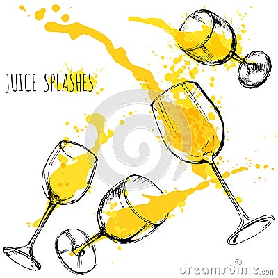 Juice orange and apple splashes in wine glasses, watercolor, sketch vector illustration Vector Illustration