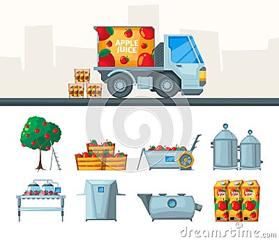 Juice production. Industry conveyor of juice from fruits beverage food garish vector flat pictures set isolated Vector Illustration