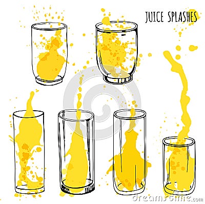 Juice splashes in glasses, hand draw illustration Vector Illustration