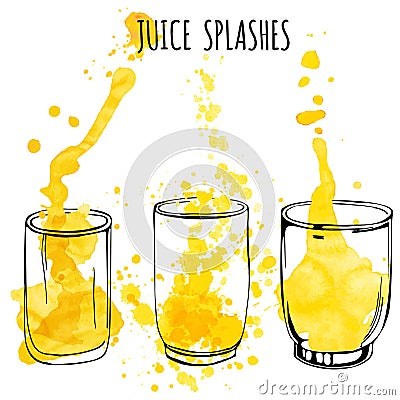 Juice splashes in glasses, hand draw illustration Vector Illustration