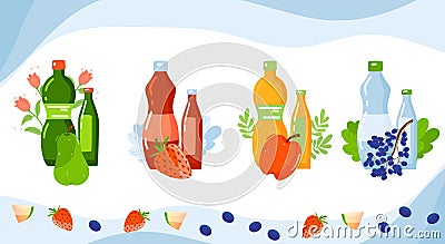 Juice vitamin drink vector illustrations, cartoon flat organic fruits and berries drinks collection of pear strawberry Vector Illustration