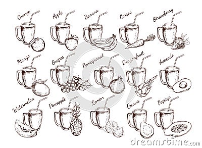 Fruit Juices collection. Vector hand drawn illustration. Isolated objects on white Vector Illustration