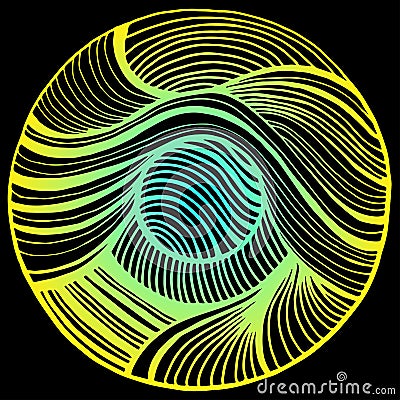 Juicy abstract doodle waves circle pattern, neon bright turquoise yellow color outline, isolated on black background. Stylish psyc Vector Illustration