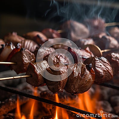 juicy beef kebabs grilling on a skewer ai, ai generative, illustration Cartoon Illustration