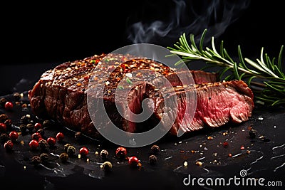 Juicy beef steak with rosemary and pepper on a dark background Stock Photo