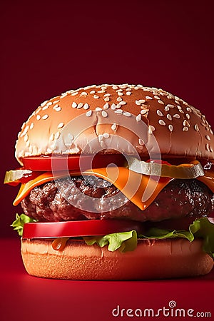 Juicy burger on a red background, space for text Stock Photo