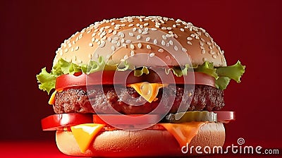 Juicy burger on a red background, space for text Stock Photo