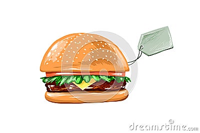 Juicy Burger on a white background with price Stock Photo